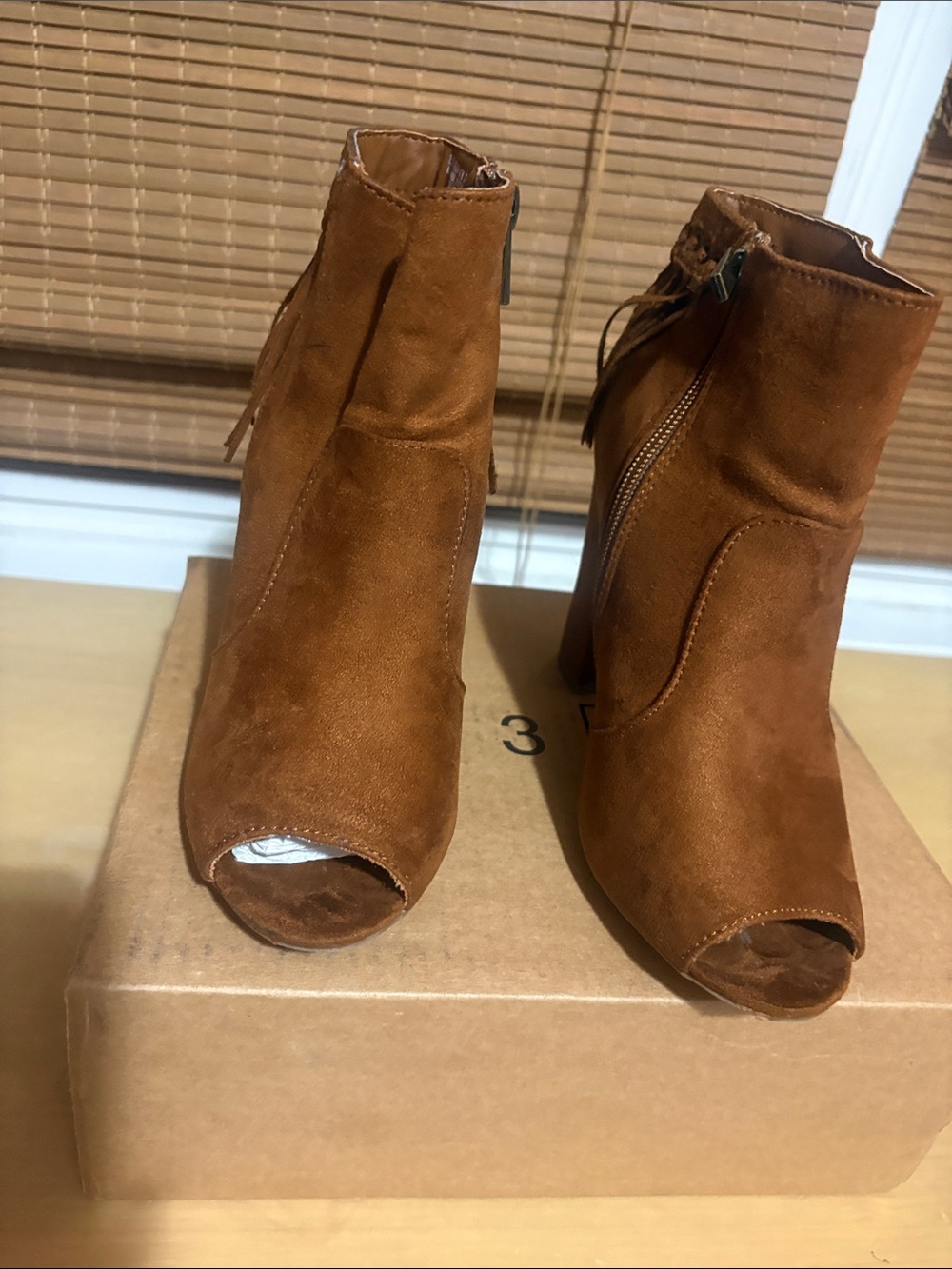 BAMBOO Tan Suede Peep-Toe Ankle Boots